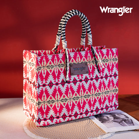 WG284-8119A Wrangler Southwestern Print  Dual Sided Print Canvas Wide Tote -Hot Pink 1