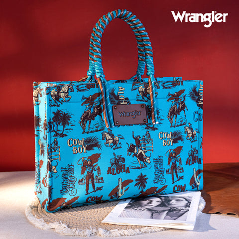 WG284-8119D  Wrangler COWBOY  Dual Sided Print Canvas Wide Tote -Dark Turquoise