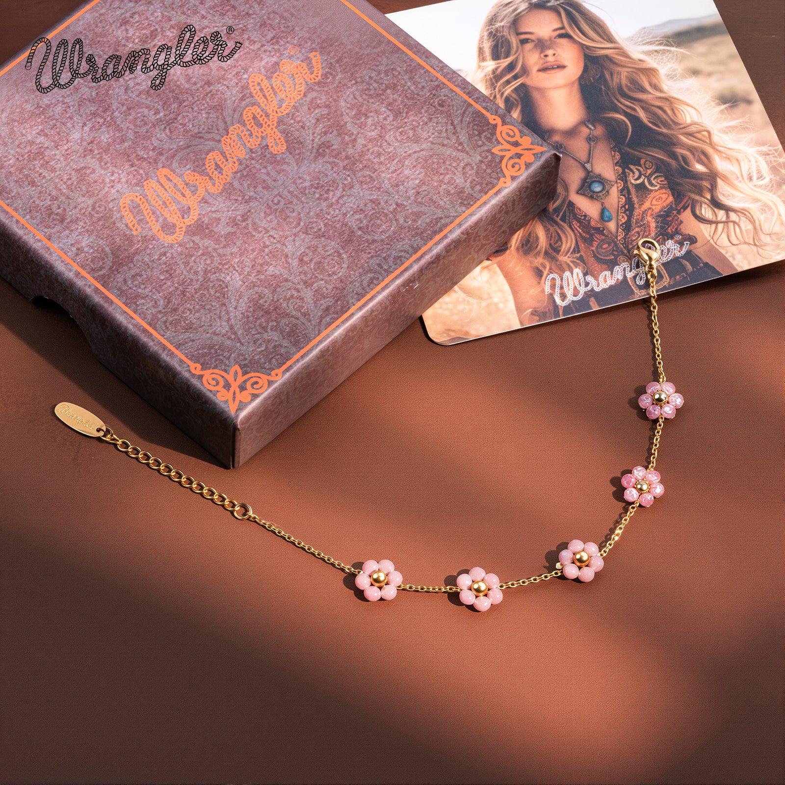 WGW-1103PK  Wrangler 14k Gold Western Natural Stone Daisy Chain Bracelet -Pink