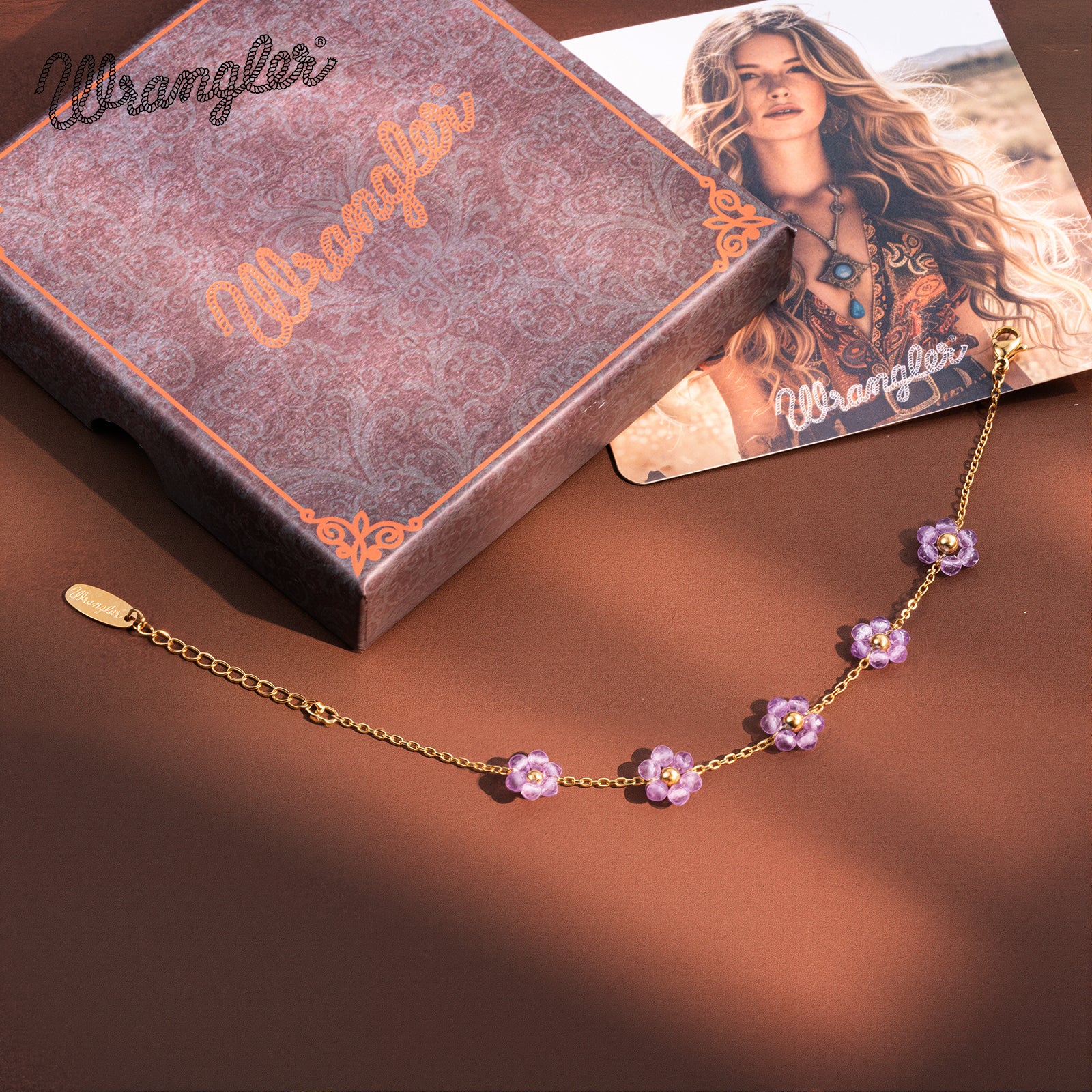 WGW-1103PP  Wrangler 14k Gold Western Natural Stone Daisy Chain Bracelet -Purple