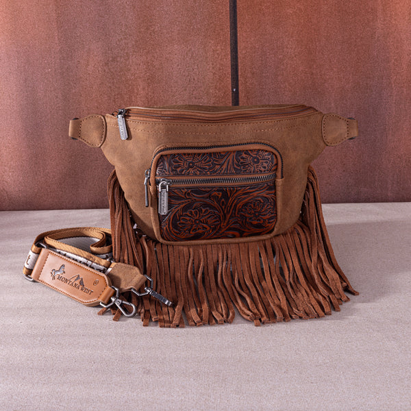 MW1276-194 Montana West Floral Tooled Fringe Fanny Pack - Brown