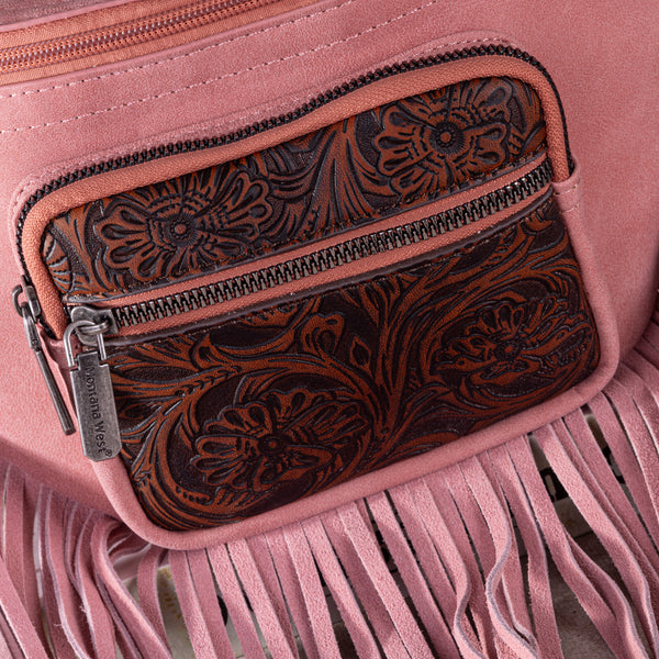 MW1276-194 Montana West Floral Tooled Fringe Fanny Pack - Pink