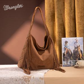 WG244-9182 Wrangler Fringe Studded Hobo Bag - Brown