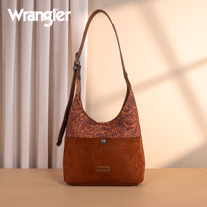 WG277-9182BR Wrangler Vintage Floral Printed Hobo Bag - Brown