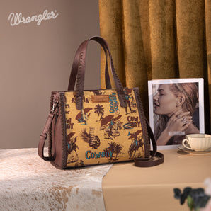 WG60G-8317 Wrangler Vintage Retro Cowboy Cool Print Concealed Carry Satchel/Crossbody - Dark Yellow