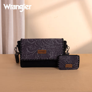 WG277-236BK Wrangler Vintage Floral Printed Crossbody Bag with Small Pouch - Black