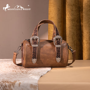 MW1338-8802 Montana West Western Tooled Buckle Collection Mini Barrel Crossbody Bag - Light Coffee