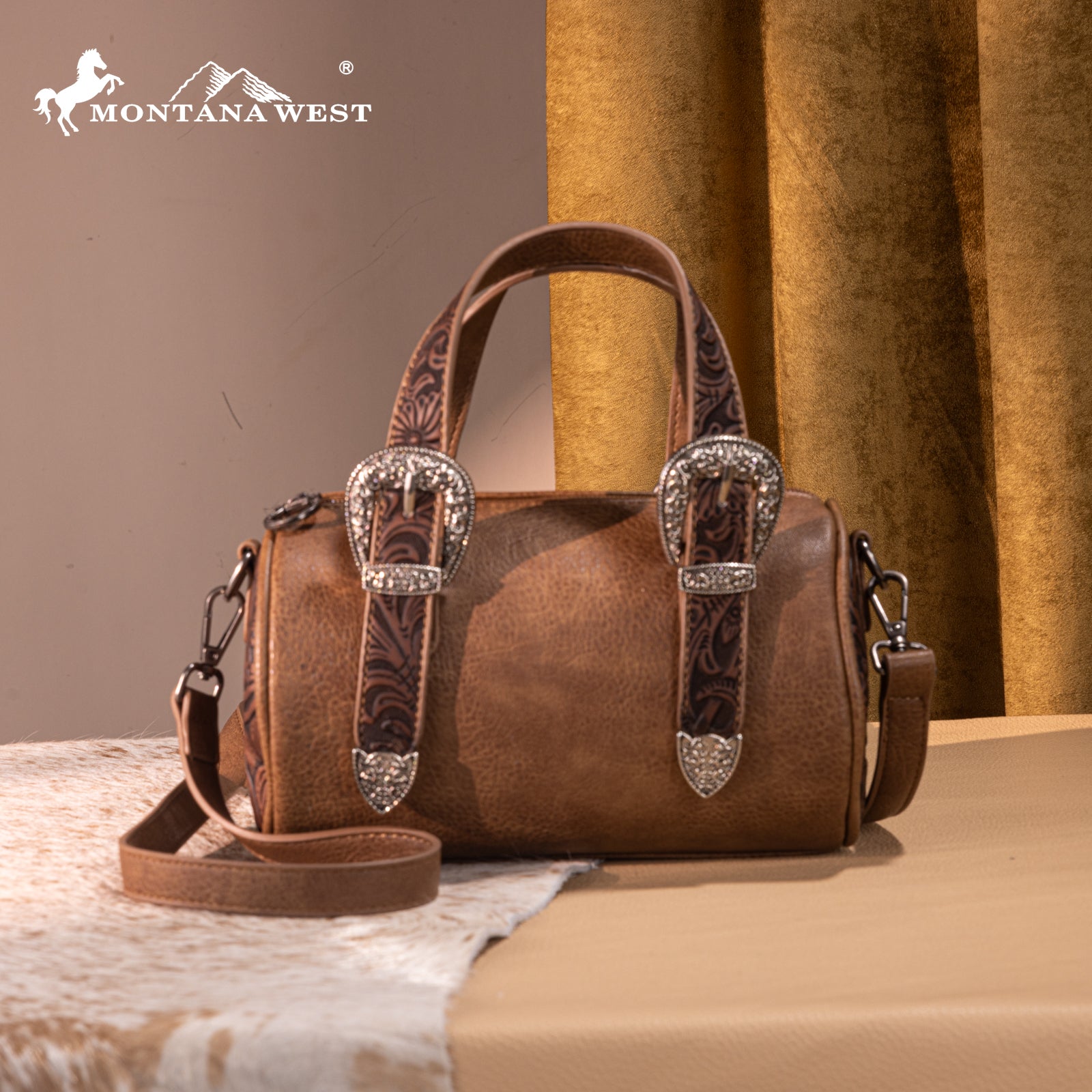 MW1338-8802 Montana West Western Tooled Buckle Collection Mini Barrel Crossbody Bag  -Light Coffee