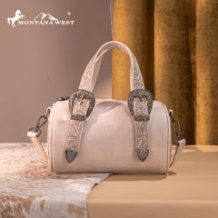 MW1338-8802 Montana West Western Tooled Buckle Collection Mini Barrel Crossbody Bag  -Beige