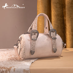 MW1338-8802 Montana West Western Tooled Buckle Collection Mini Barrel Crossbody Bag  -Beige