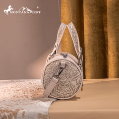 MW1338-8802 Montana West Western Tooled Buckle Collection Mini Barrel Crossbody Bag  -Beige