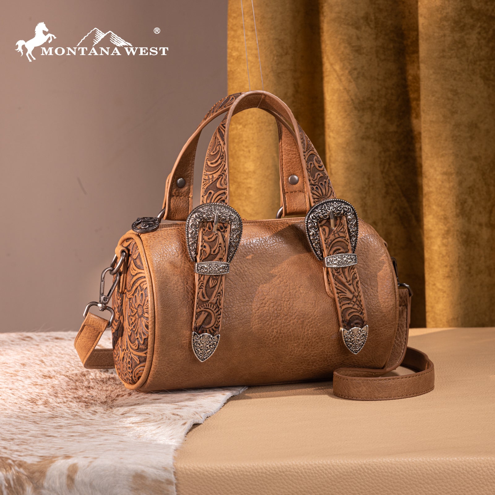 MW1338-8802 Montana West Western Tooled Buckle Collection Mini Barrel Crossbody Bag  -Light Brown