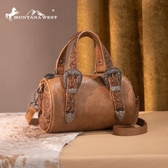 MW1338-8802 Montana West Western Tooled Buckle Collection Mini Barrel Crossbody Bag  -Light Brown