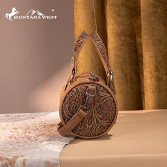 MW1338-8802 Montana West Western Tooled Buckle Collection Mini Barrel Crossbody Bag  -Light Brown