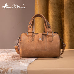 MW1338-8802 Montana West Western Tooled Buckle Collection Mini Barrel Crossbody Bag  -Light Brown