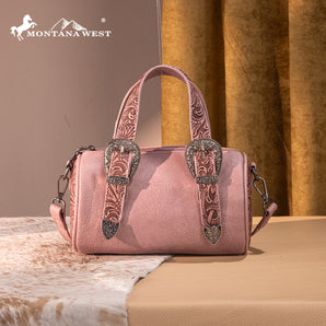 MW1338-8802 Montana West Western Tooled Buckle Collection Mini Barrel Crossbody Bag - Dark Pink