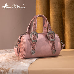 MW1338-8802 Montana West Western Tooled Buckle Collection Mini Barrel Crossbody Bag  -Dark Pink