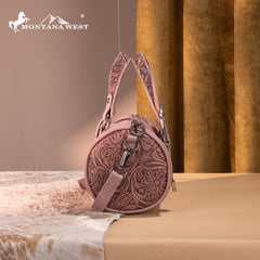 MW1338-8802 Montana West Western Tooled Buckle Collection Mini Barrel Crossbody Bag  -Dark Pink