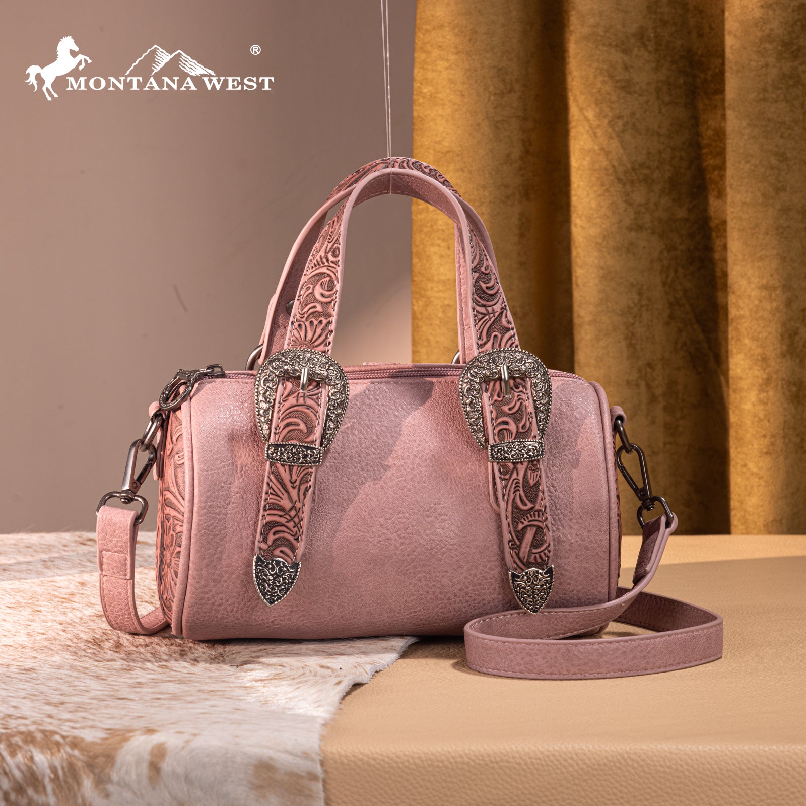 MW1338-8802 Montana West Western Tooled Buckle Collection Mini Barrel Crossbody Bag  -Dark Pink