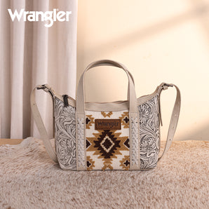 WG226-8605 Wrangler Tooled Aztec Pattern Print Tote/Crossbody - Beige