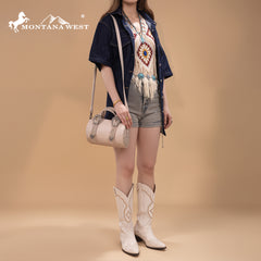MW1338-8802 Montana West Western Tooled Buckle Collection Mini Barrel Crossbody Bag  -Beige