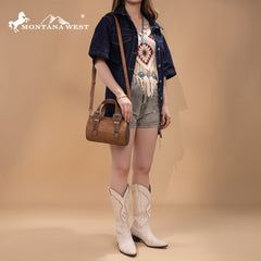 MW1338-8802 Montana West Western Tooled Buckle Collection Mini Barrel Crossbody Bag  -Light Brown