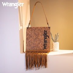 WG45G-918 Wrangler Floral Embossed Fringe Concealed Carry Hobo/Crossbody - Light Brown