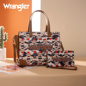 WG302-8130WBR Wrangler Aztec Print Tote/Crossbody Wallet Set - Brown