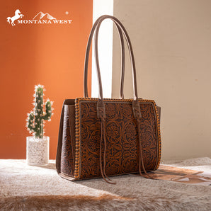 MW1355G-8317BR Montana West Tooled Concealed Carry Tote - Brown
