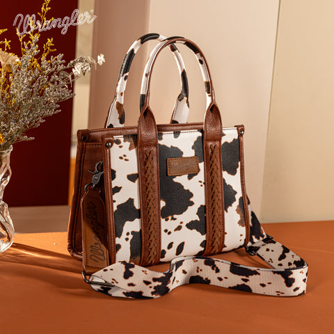 WG133-8120S  Wrangler Cow Print Concealed Carry Tote/Crossbody - Brown