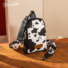 PRE-ORDER WG133-210  Wrangler Cow  Print Crossbody Sling Chest Bag  - Black