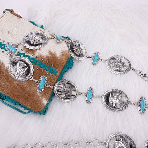 RCB-1057  Rustic Couture Etched Thunderbird Turquoise Stone Centered Concho Link Chain Belt