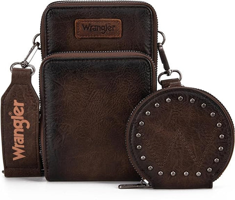 WG117-207 Wrangler Crossbody Cell Phone Purse 3 Zippered Compartment with Coin Pouch- Coffee
