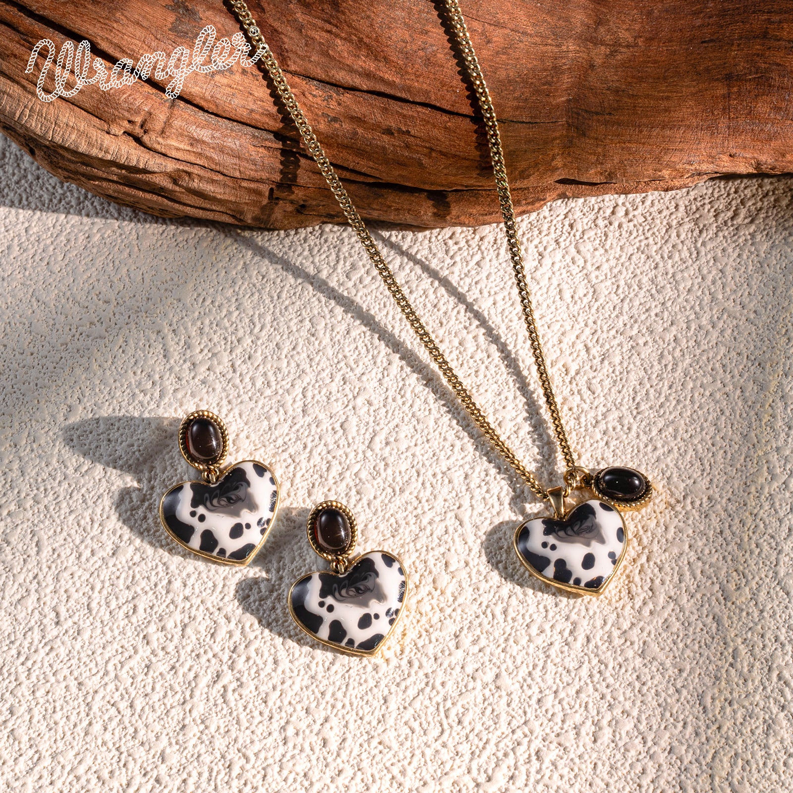 WNS2-1129G  Wrangler Jewelry Sets Cow-Print Natural Stone Pendant Gold Necklace Earrings Set - Black