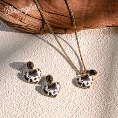 WNS2-1129G  Wrangler Jewelry Sets Cow-Print Natural Stone Pendant Gold Necklace Earrings Set - Black