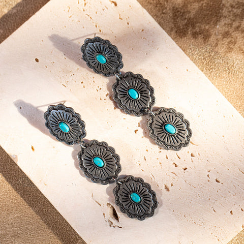 ER- 1006 Rustic Couture's  - Western Concho Dangle Earring With Turquoise Stones By Pairs