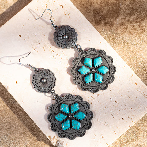 ER-1015 Rustic Couture's Navajo Silver/Bronze Concho with Natural Stone Dangle Earrings - By Pairs