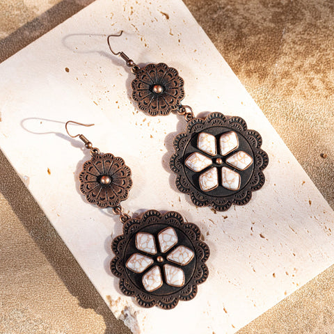 ER-1015 Rustic Couture's Navajo Silver/Bronze Concho with Natural Stone Dangle Earrings - By Dozen