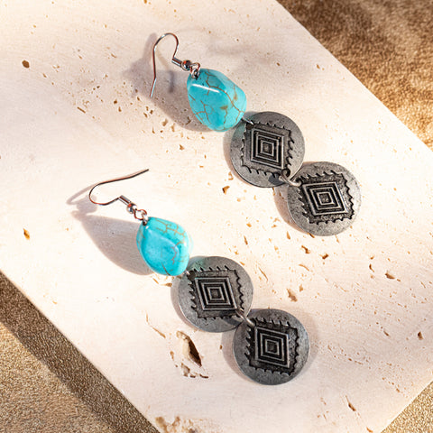ER-1016 Rustic Couture's Navajo Silver/Bronze Concho with Natural Stone Dangle Earrings - By Pairs