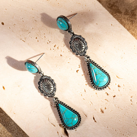ER-1025 Rustic Couture's  Bohemian Turquoise Stone Tear Drop Earrings - By Pairs