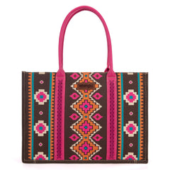 WG2203-8119 Wrangler Southwestern Pattern Dual Sided Print Canvas Wide Tote  Hot Pink