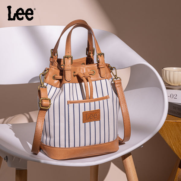 LEE56-003 LEE Striped Denim Canvas Drawstring Bucket Bag/Crossbody