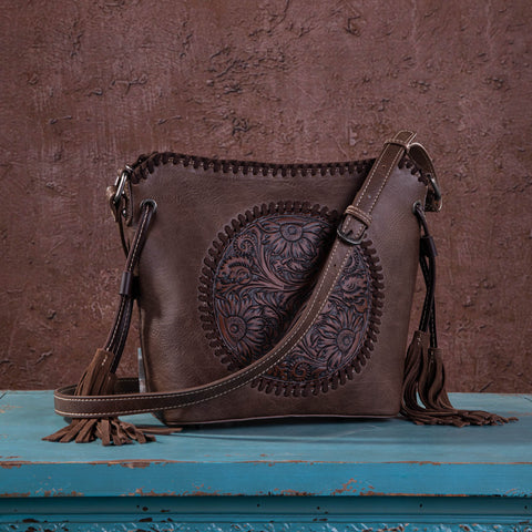 MW1218-8360 Montana West Embossed Collection Saddle Bag - Coffee