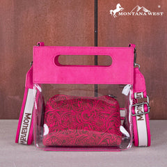 MW1251-199  Montana West Western Fringe Stadium Clear Crossbody Bag with Detachable Pouch - Hot Pink
