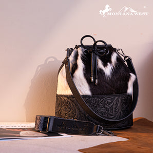 MW1275-8360 Montana West Cowhide Tooled Bucket Shoulder/Crossbody Bag - Black