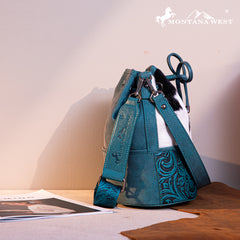 MW1275-8360 Montana West Cowhide Tooled Bucket Shoulder/Crossbody Bag- Turquoise