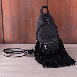 MW1276-S9110 Montana West Tooled Fringe Sling Bag - Black