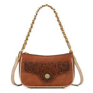 MW1362-818BR Montana West Tooled Floral Chain Shoulder Crossbody Bag - Brown