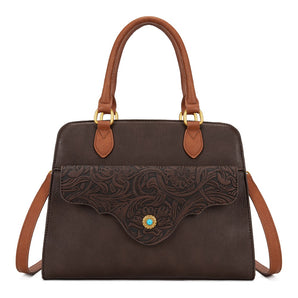 MW1362G-8250CF Montana West Western Tooled Floral Concealed Carry Satchel Bag/Crossbody - Coffee