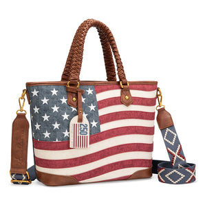 MW-HB-1385G-8317-BK Montana West American Flag Braided Concealed Carry Tote Bag - Jean